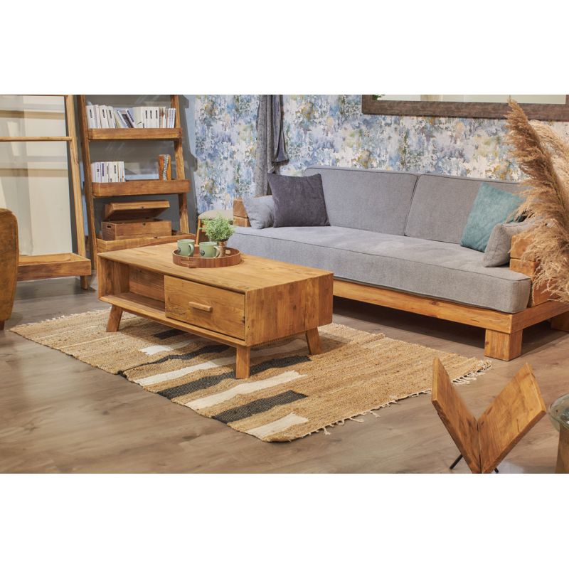 Canapé 3 places 224 cm en bois massif recyclé et tissu gris - CHALET
