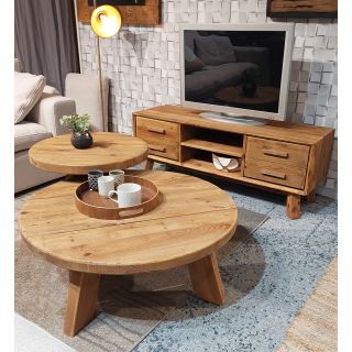 Table basse ronde 60 cm en bois massif recyclé 3 pieds- CHALET