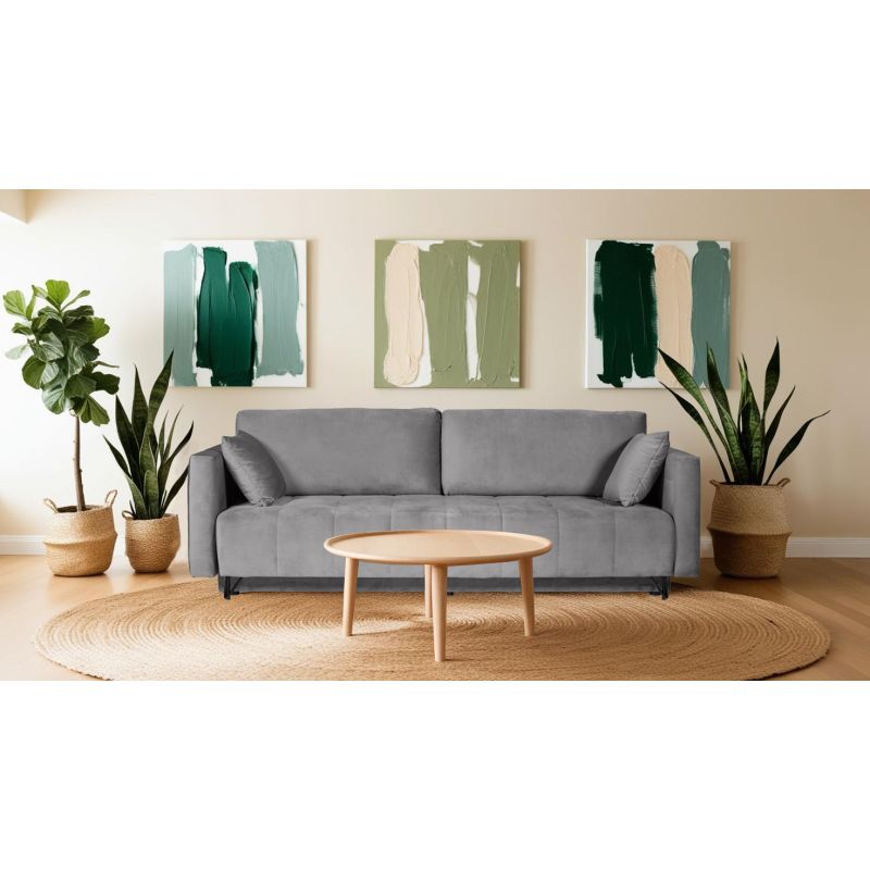 Canapé convertible L. 220 cm en velours gris capitonné - KIARA