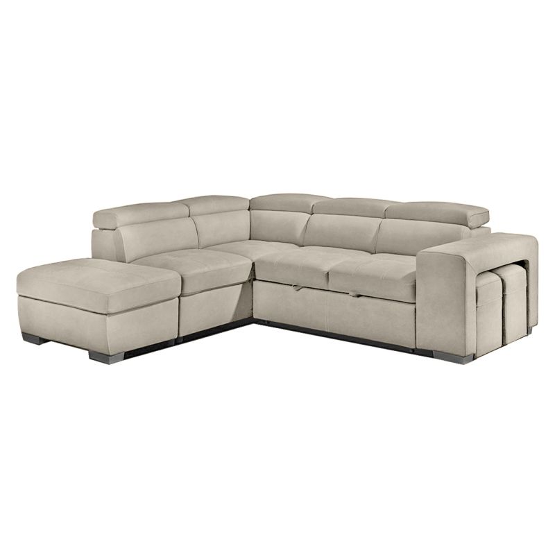 Canapé d'angle gauche convertible en tissu beige avec 2 poufs - VEGAS