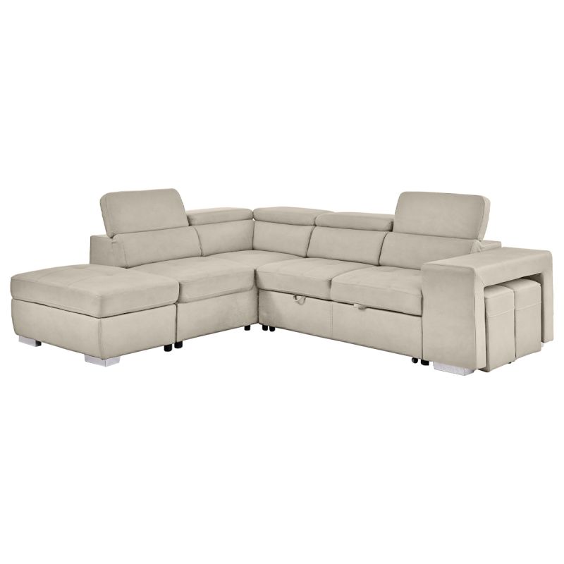 Canapé d'angle gauche convertible en tissu beige avec 2 poufs - VEGAS