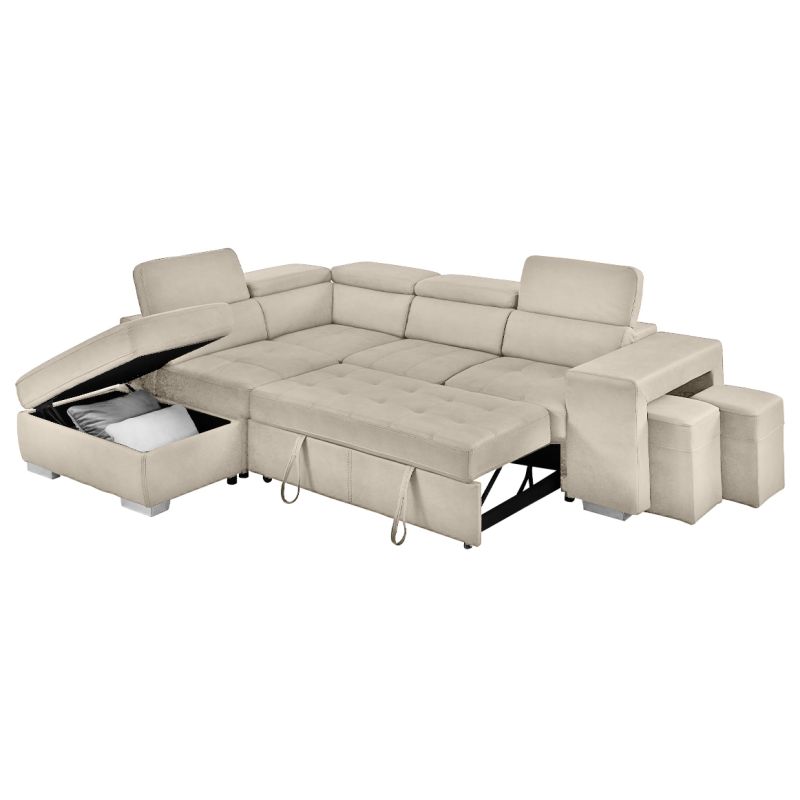 Canapé d'angle gauche convertible en tissu beige avec 2 poufs - VEGAS