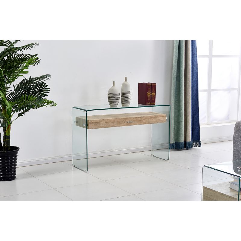 Console L125 cm en verre trempé avec tiroir décor chêne - ICE