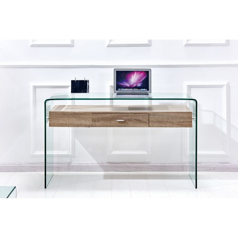 Console L. 125 cm en verre trempé avec tiroir décor chêne - ICE