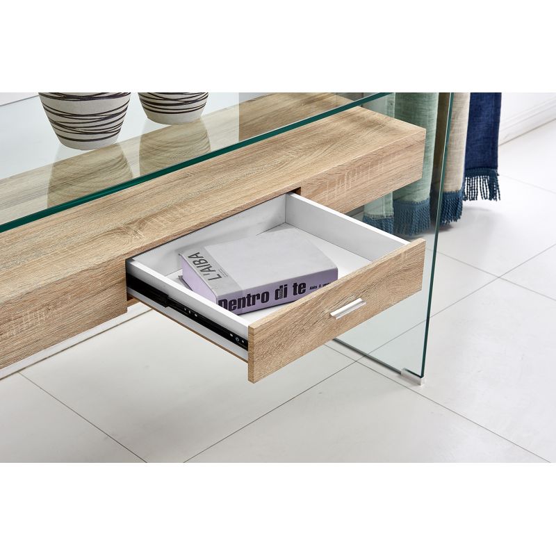 Console L. 125 cm en verre trempé avec tiroir décor chêne - ICE