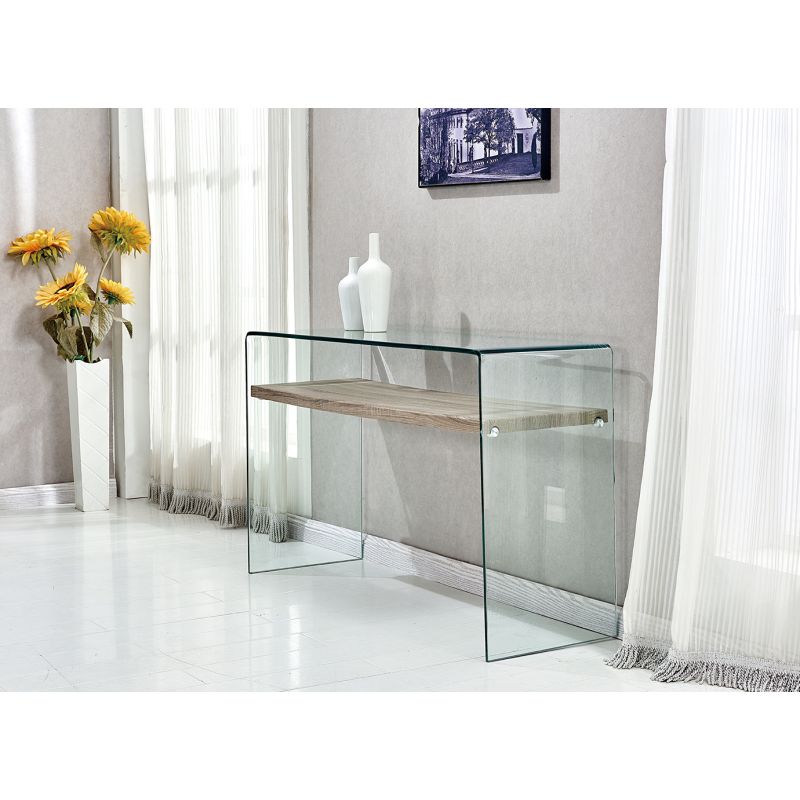 Console en verre trempé L. 125 cm étagère décor chêne clair - ICE