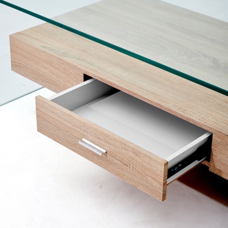 Table basse 110 cm en verre trempé avec tiroir décor chêne - ICE