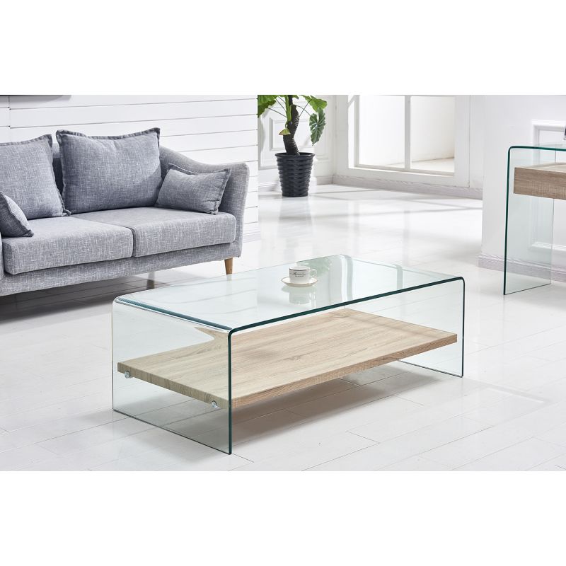 Table basse 110 cm en verre trempé avec étagère décor chêne - ICE