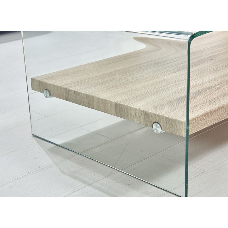 Table basse 110 cm en verre trempé avec étagère décor chêne - ICE