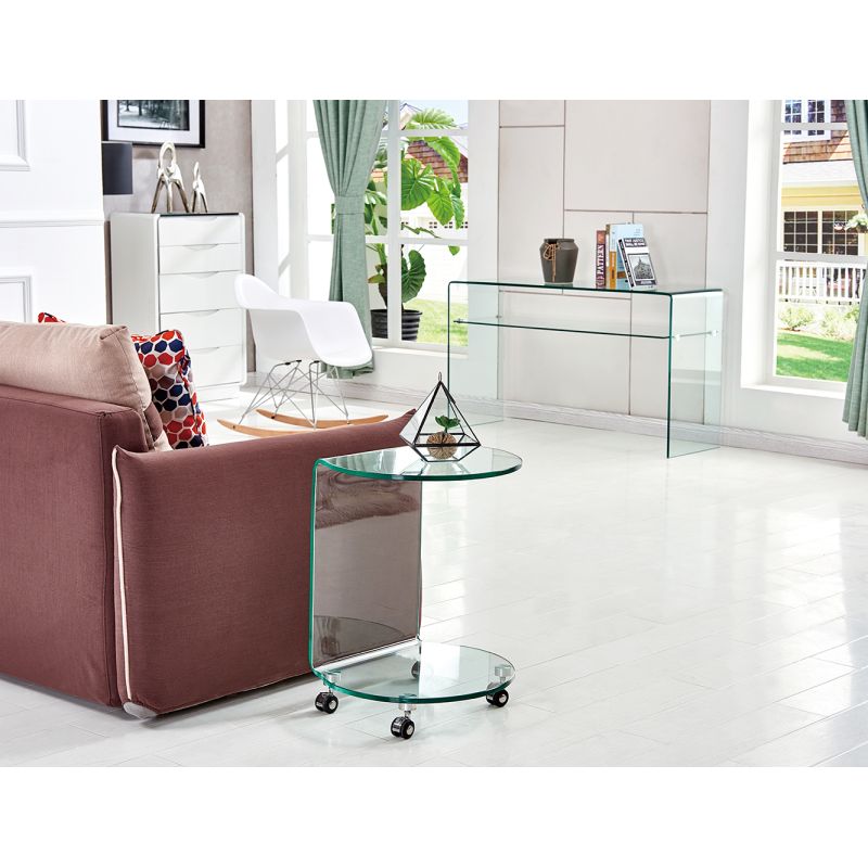 Bout de canapé H. 57 cm rond en verre trempé avec 4 roulettes - ICE