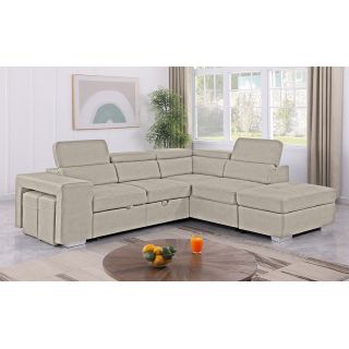 Canapé d'angle droit convertible en tissu beige avec 2 poufs - VEGAS