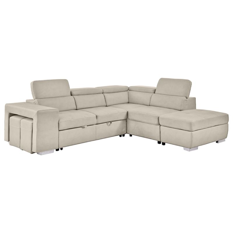 Canapé d'angle droit convertible en tissu beige avec 2 poufs - VEGAS