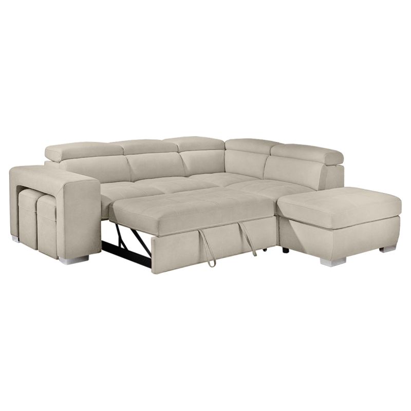 Canapé d'angle droit convertible en tissu beige avec 2 poufs - VEGAS
