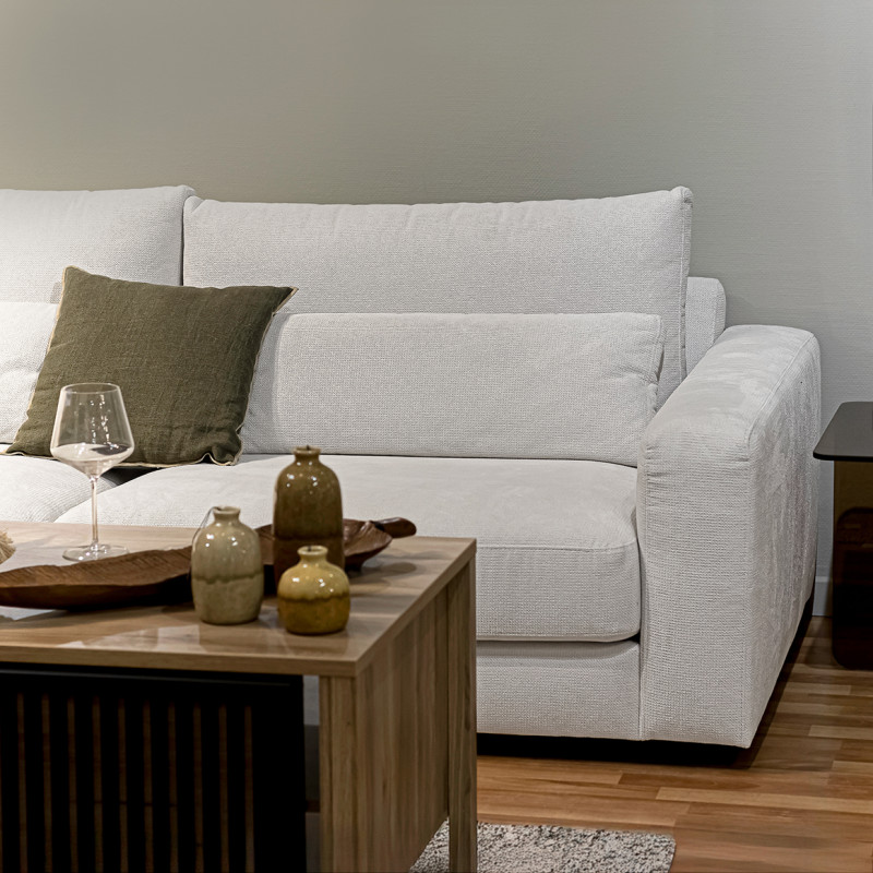 Canapé d'angle gauche 325 cm en tissu microfibre ivoire confort moelleux - CECILE