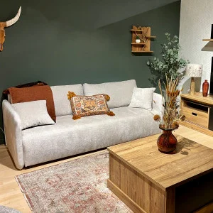 Canapé 3 places convertible en tissu doux beige écru avec coffre de rangement - CELINA
