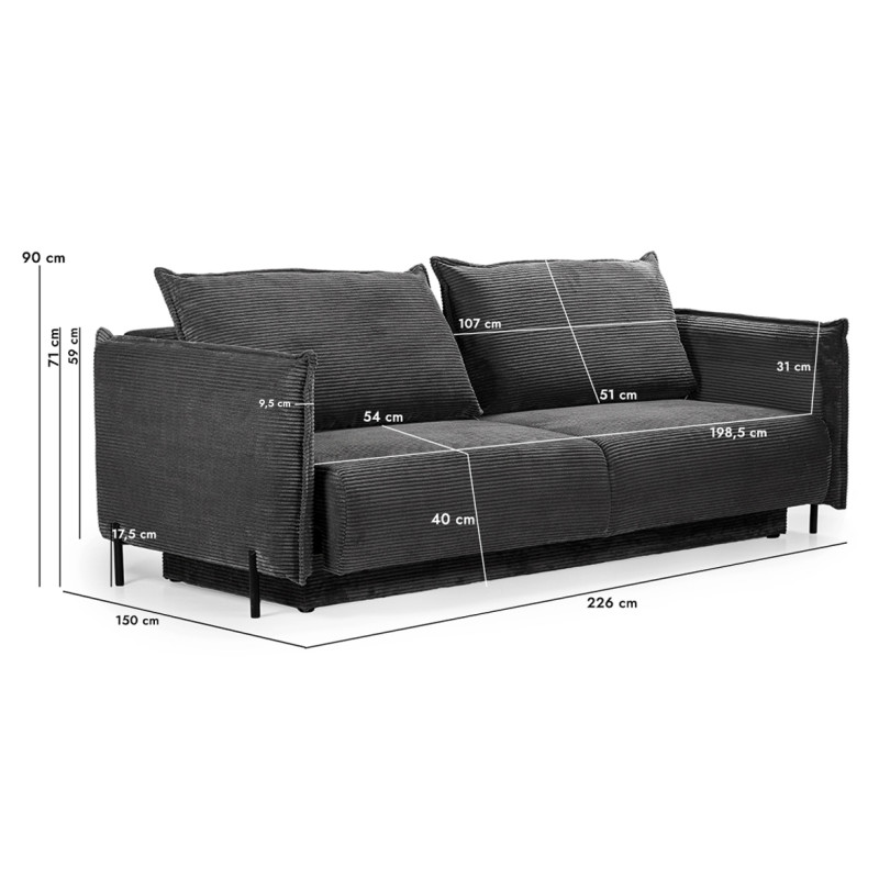 Canapé 3 places convertible en velours côtelé gris anthracite avec coffre rangement - BEATRICE