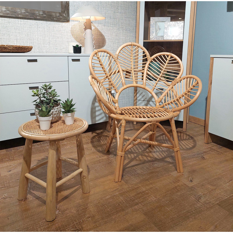Fauteuil en rotin naturel forme fleur avec coussin galette blanc rond - KIANA