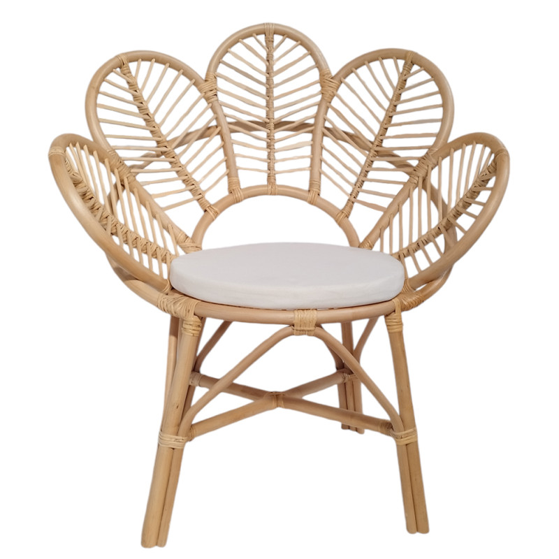 Fauteuil en rotin naturel forme fleur avec coussin galette blanc rond - KIANA