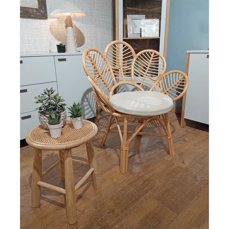 Fauteuil en rotin naturel forme fleur avec coussin galette blanc rond - KIANA