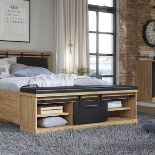 Banc bout de lit 145 cm 4 niches 1 porte décor bois et noir coussin simili - FARM