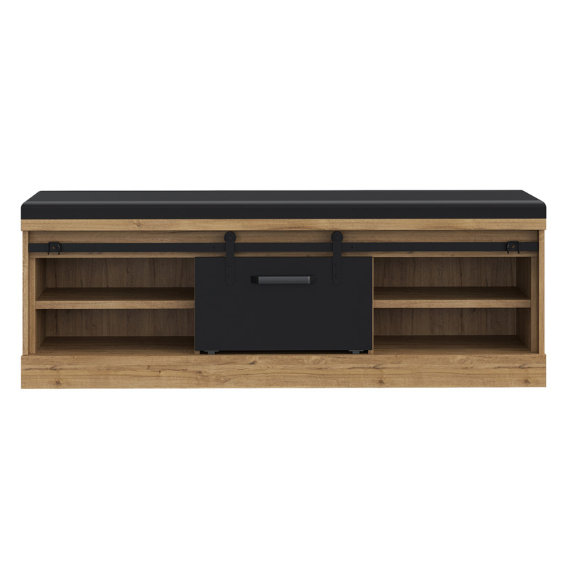 Banc bout de lit 145 cm 4 niches 1 porte décor bois et noir coussin simili - FARM