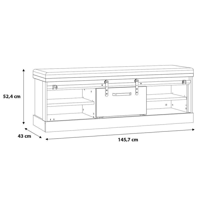 Banc bout de lit 145 cm 4 niches 1 porte décor bois et noir coussin simili - FARM