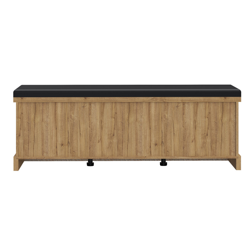 Banc bout de lit 145 cm 4 niches 1 porte décor bois et noir coussin simili - FARM