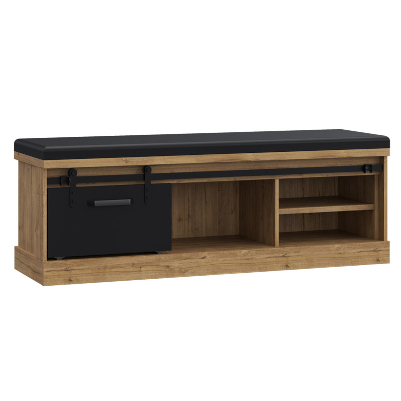 Banc bout de lit 145 cm 4 niches 1 porte décor bois et noir coussin simili - FARM