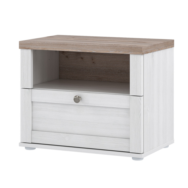 Table de chevet 1 niche 1 tiroir en décor bois de chêne blanchi et bois clair avec poignée métal - ANGELE