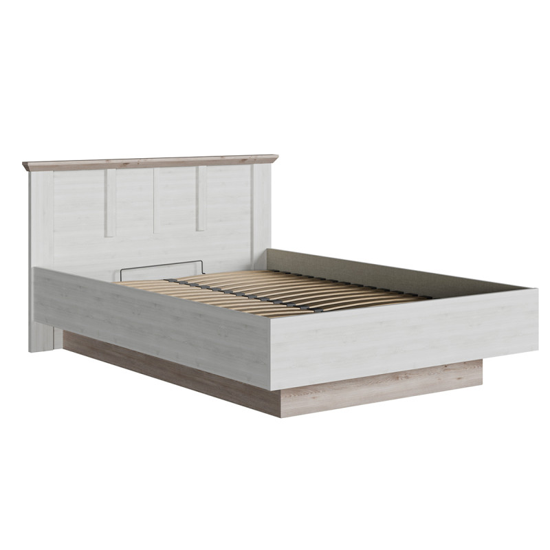 Lit coffre 140 x 200 cm avec tête de lit et sommier décor bois de chêne blanchi et bois clair - ANGELE