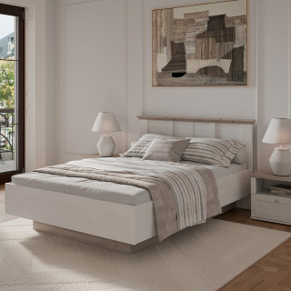 Lit coffre 140 x 200 cm avec tête de lit et sommier décor bois de chêne blanchi et bois clair - ANGELE