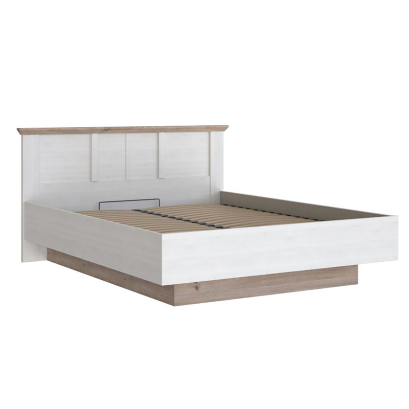 Lit coffre 160 x 200 cm avec tête de lit et sommier décor bois de chêne blanchi et bois clair - ANGELE