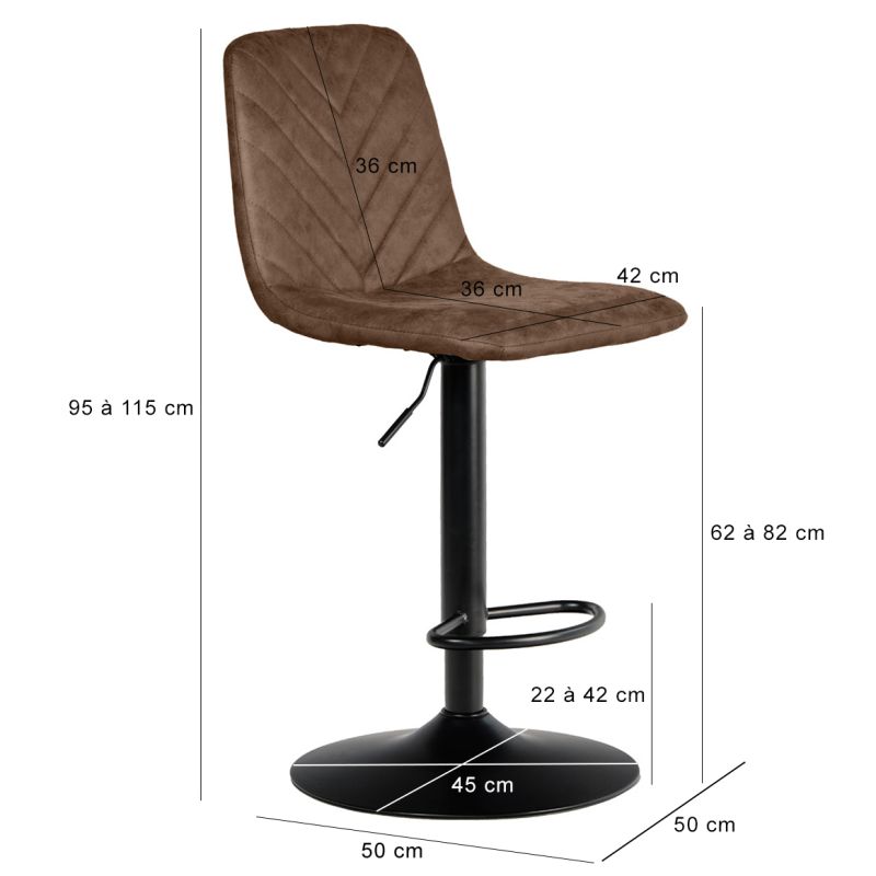 Tabouret de bar réglable en microfibre marron pied métal noir - COBY