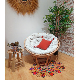Fauteuil loveuse ronde 1 place en rotin naturel avec coussin blanc cassé - HAZEL