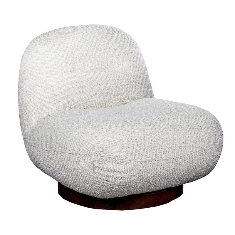 Fauteuil rotatif 360° en tissu bouclette blanc écru pied rond en bois de noyer et métal  - CORALINE