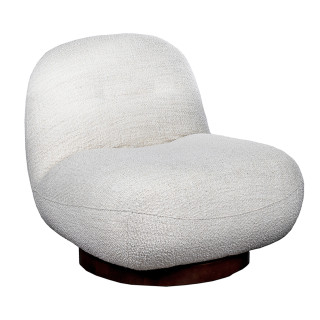 Fauteuil rotatif 360° en tissu bouclette blanc écru pied rond en bois de noyer et métal  - CORALINE