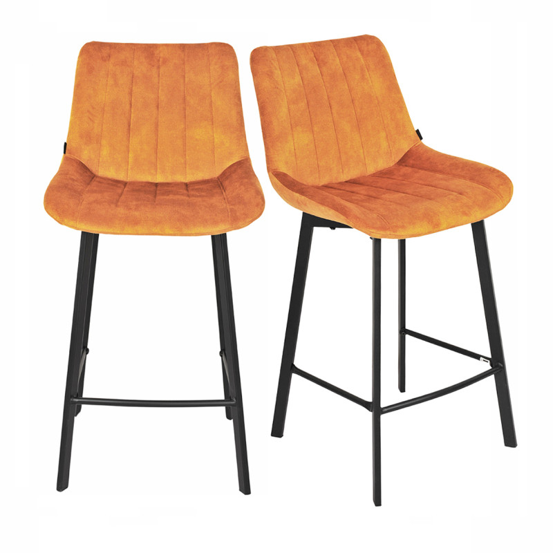 Lot de 2 Tabourets de Bar en Velours jaune moutarde Rembourré et Capitonné avec Piètement en Métal Noir - NANY 2