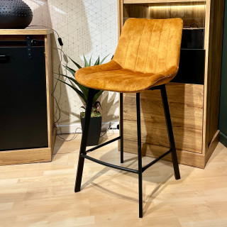 Lot de 2 Tabourets de Bar en Velours jaune moutarde Rembourré et Capitonné avec Piètement en Métal Noir - NANY 2