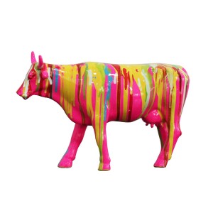 Statue vache rose avec coulures de peintures multicolores H20 cm - VIK