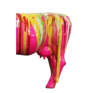 Statue vache rose avec coulures de peintures multicolores H20 cm - VIK