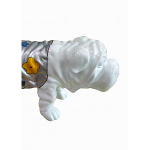 Statue chien bulldog blanc décoration florale - style pop art - objet design moderne