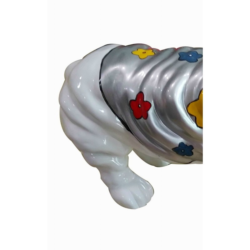 Statue chien bulldog blanc décoration florale - style pop art - objet design moderne