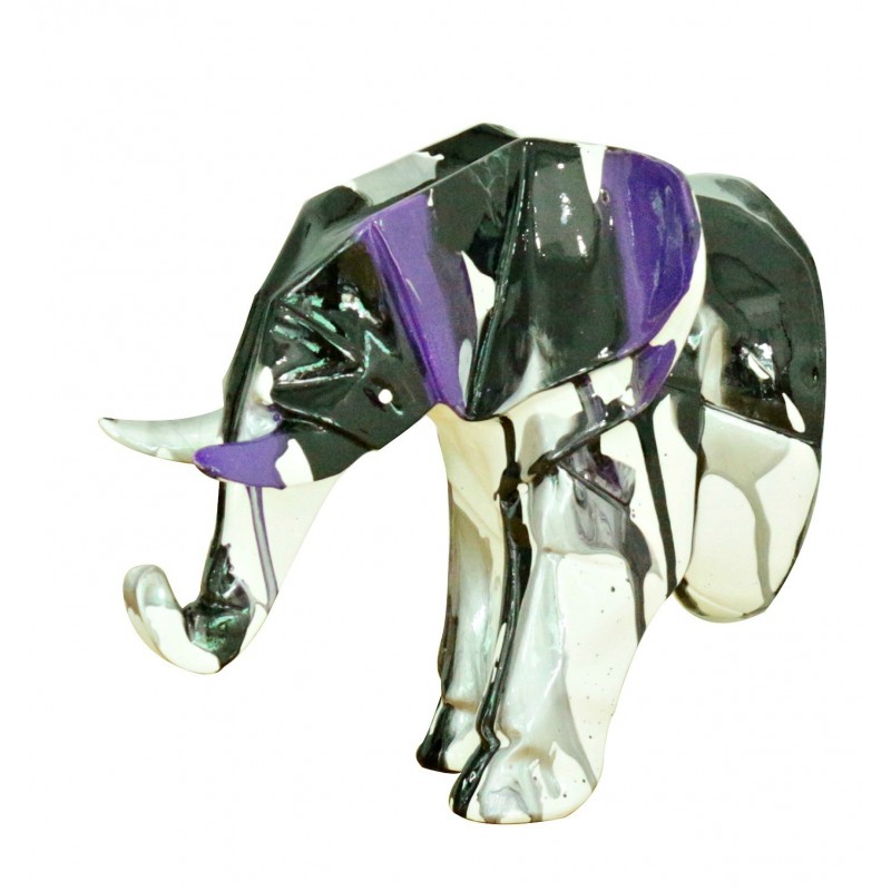Tête éléphant blanc décoration murale avec jets de peintures noires et violets - objet design moderne