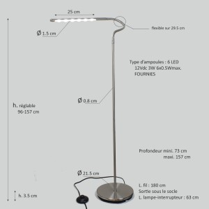 Lampadaire à tête flexible - éclairage par 6 LED blanches - Nickel gris satiné - Modèle RAMMO