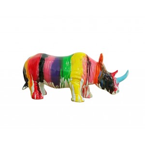 Rhinocéros statue laquée jets de peintures avec corne bleue