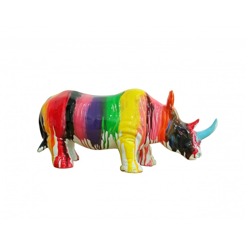 Rhinocéros statue laquée jets de peintures avec corne bleue