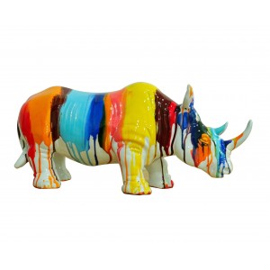 Rhinocéros statue décorative laquée jets de peintures multicolores 