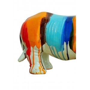 Rhinocéros statue décorative - laquée jets de peintures multicolores - objet design moderne