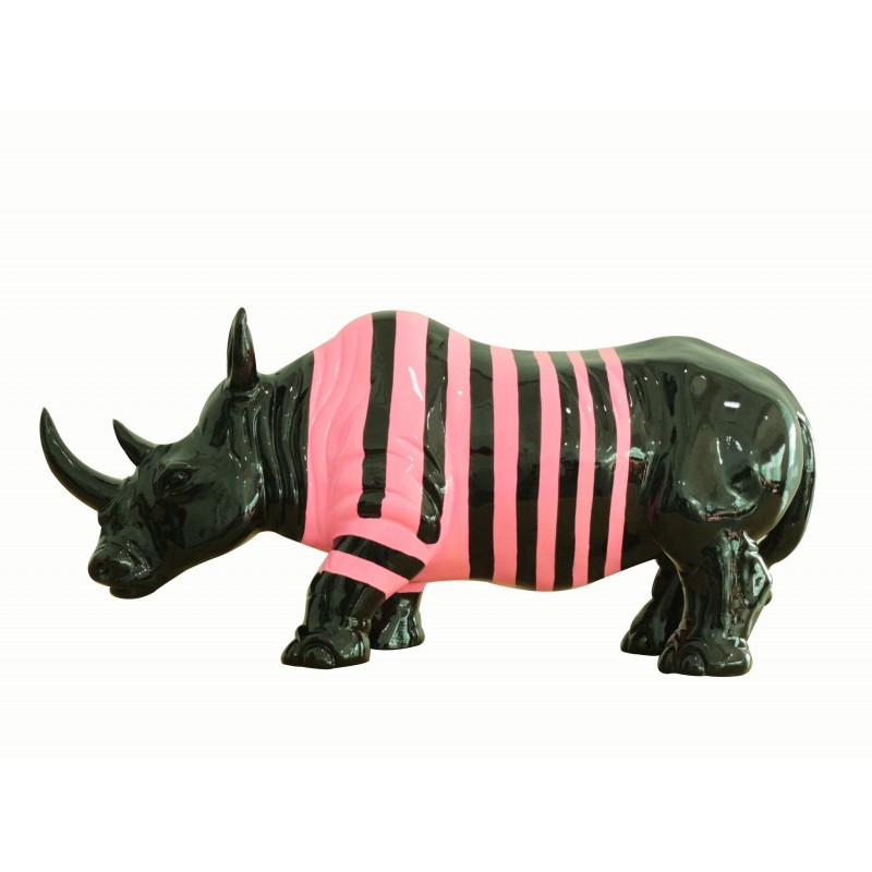 Statue rhinocéros décoration laquée noire et rose - objet design moderne