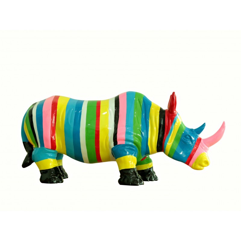 Statue rhinocéros décoration multicolore rayée corne rose - objet design moderne